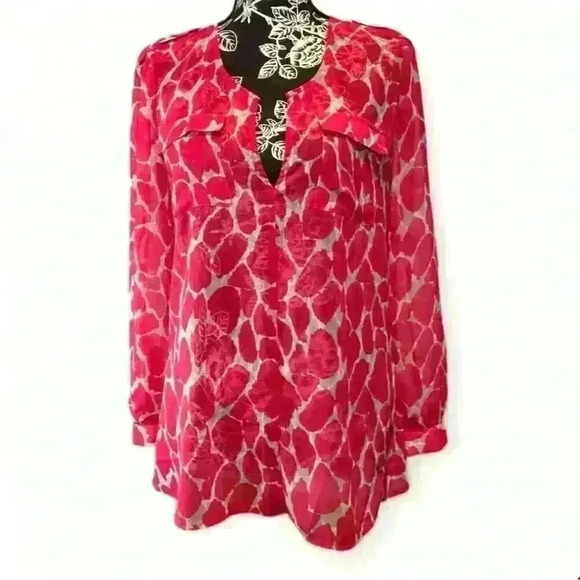Banana Republic Women's XS Pink Animal Print Sheer Blouse Long Sleeve V-Neck - Picture 1 of 4